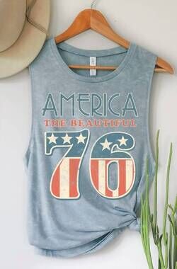 NEW HRT & LUV women's america 76 graphic tank top in mineral vintage blue